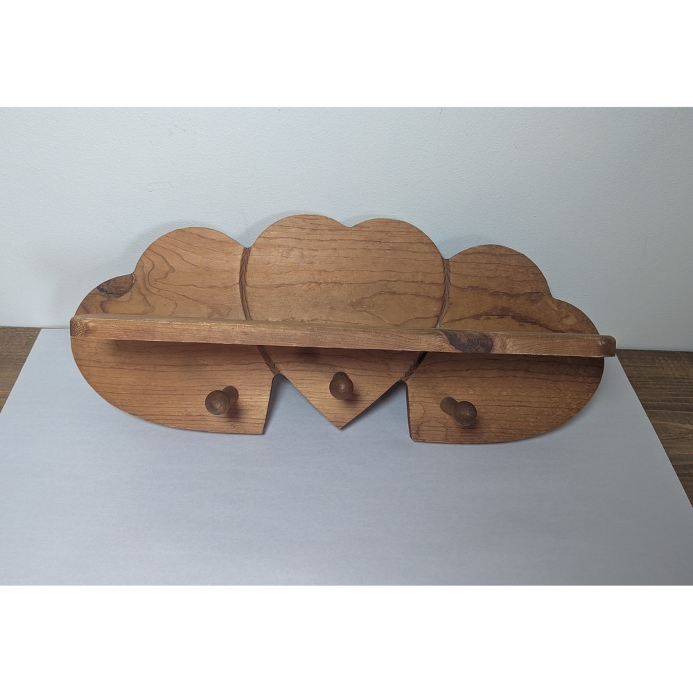 Vintage Rustic Wood Triple Heart Wall Shelf 3 Peg Hooks Farmhouse Cottage Decor
